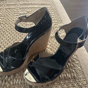 Black Patent Leather Wedge Sandals